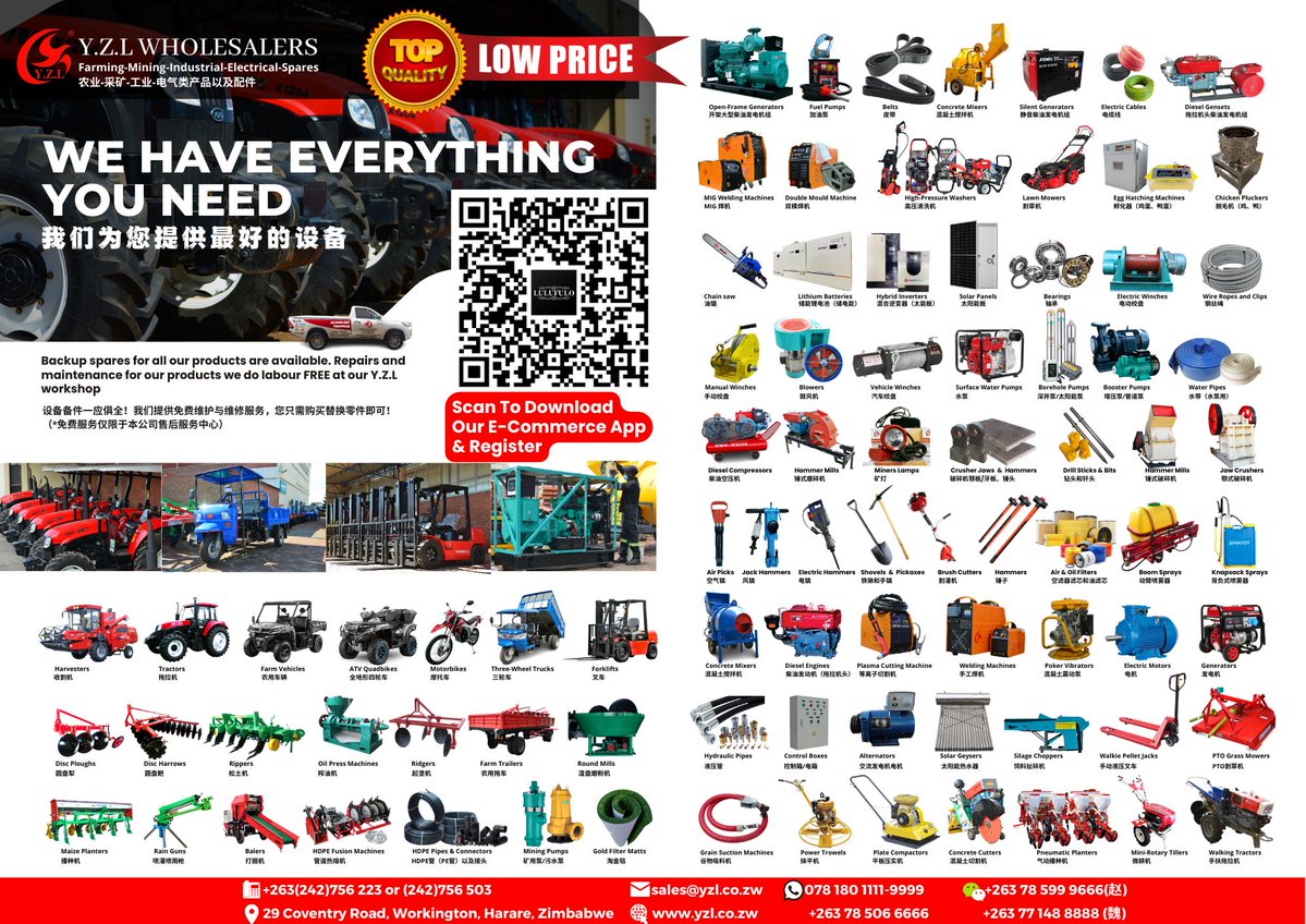 YWholesalers's tweet image. FARMING, MINING, INDUSTRIAL &amp;amp; ELECTRICAL EQUIPMENT AVAILABLE AT Y.Z.L WHOLESALERS

#yzlwholesalers #farming #mining #industrial #electrical #farmingzimbabwe #tractors #YTO #farmimplements #forkllifts #engines #waterpumps #electricmotors #HDPE #maizeshellers #generators #worktruck