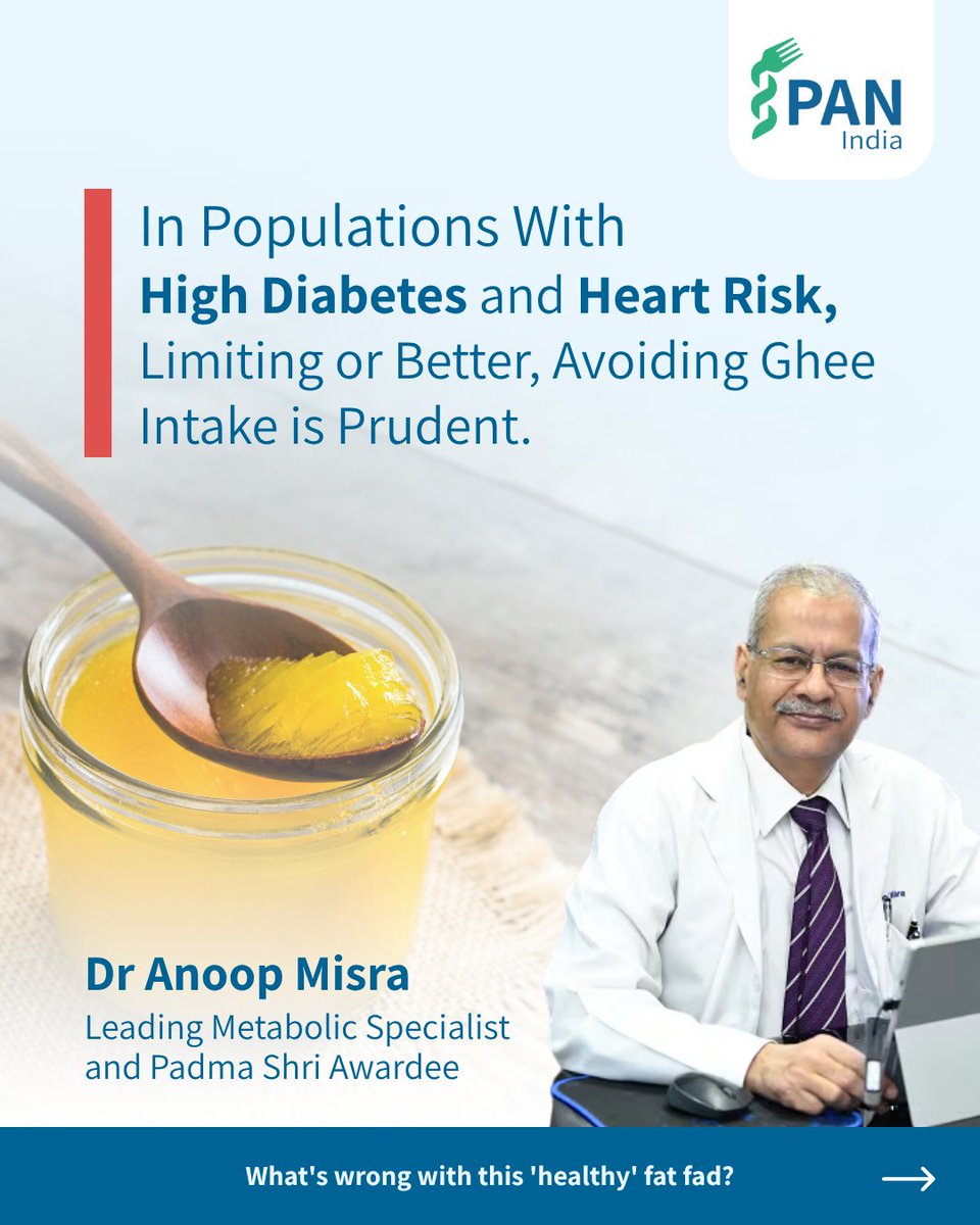 info_PanIndia's tweet image. 1 tbsp ghee has ~9g saturated fat nearly half the FSSAI daily limit. Excess intake can impact liver health, cholesterol, and long term disease risk. Insights from Dr Anoop Misra. Follow PAN India for evidence based nutrition. #HeartHealth #Nutrition