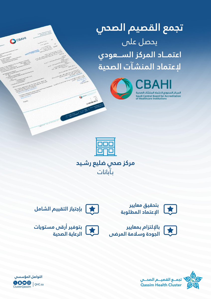ClusterQassim's tweet photo. #اعتماد |

حصل #تجمع_القصيم_الصحي على اعتماد #سباهي لمركز صحي ضليع رشيد بمحافظة #آبانات بعد اجتياز التقييم الشامل وتحقيق معايير الجودة وسلامة المرضى.

ويأتي هذا الاعتماد ضمن جهود التجمع في الارتقاء بخدمات الرعاية الصحية الأولية؛ وتحسين تجربة المستفيدين وتعزيز سلامتهم. https://t.co/cMcNaovULM