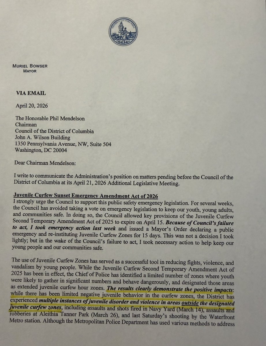 tomsherwood's tweet photo. #News - DC Mayor Muriel Bowser, in strongly worded letter, urges Council today to revive bill allowing targeted curfews, saying they have “positive impacts” against mass “juvenile disorder.” Mayor says too often “root causes” rhetoric “is simply used … to do nothing.” @wcp https://t.co/FgXwhix5ND