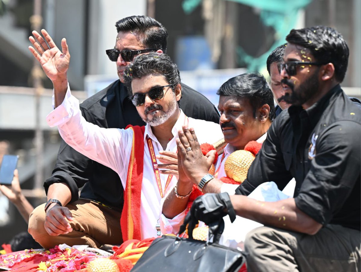 THChennai's tweet image. The poll campaign for 2026 #TamilNadu Assembly #election ends today. 

A 🧵 on the political leaders on their last leg of campaign across the State. Polling on April 23.

Glimpses of #TVK leader #Vijay at #Chennai on Tuesday. 

📸: R. Ragu