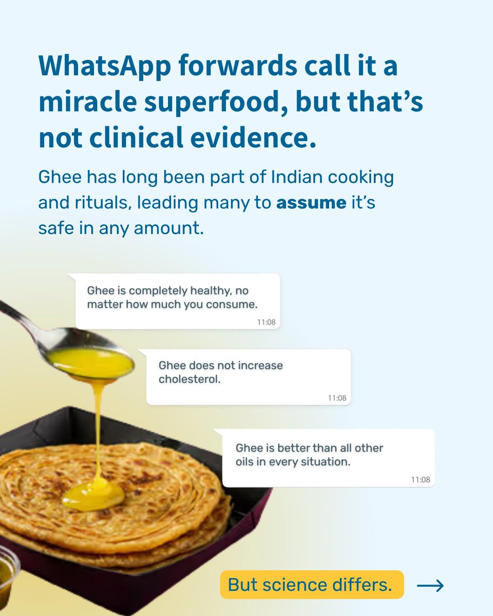 info_PanIndia's tweet image. 1 tbsp ghee has ~9g saturated fat nearly half the FSSAI daily limit. Excess intake can impact liver health, cholesterol, and long term disease risk. Insights from Dr Anoop Misra. Follow PAN India for evidence based nutrition. #HeartHealth #Nutrition
