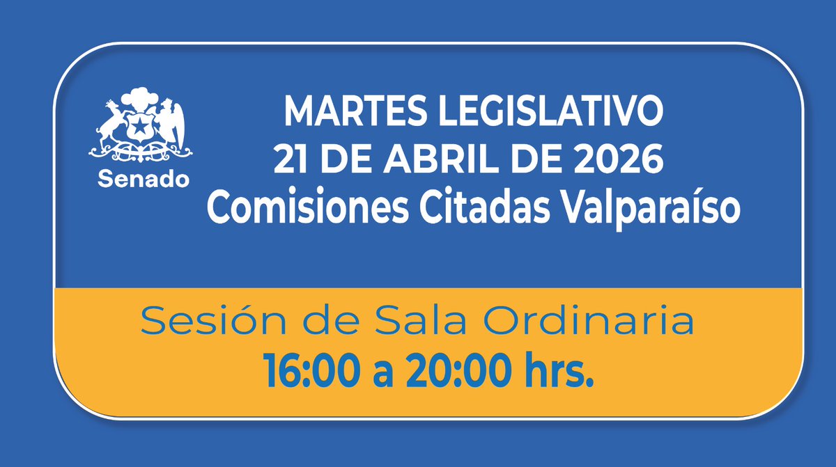 Senado_Chile's tweet image. Citaciones y sesiones martes 21 de abril de 2026

👉 Sigue nuestras redes y mantente informado del trabajo legislativo.

📲 Transparencia y participación ciudadana.

#Senado #Comisiones #AgendaLegislativa #Chile #TrabajoLegislativo