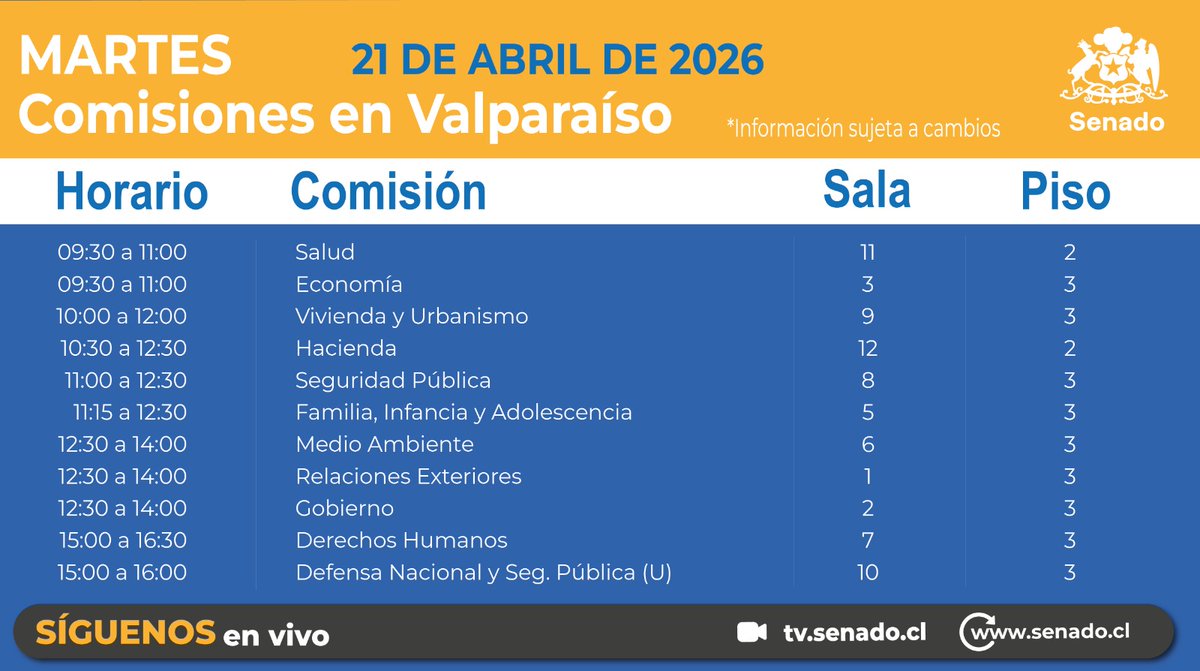 Senado_Chile's tweet image. Citaciones y sesiones martes 21 de abril de 2026

👉 Sigue nuestras redes y mantente informado del trabajo legislativo.

📲 Transparencia y participación ciudadana.

#Senado #Comisiones #AgendaLegislativa #Chile #TrabajoLegislativo