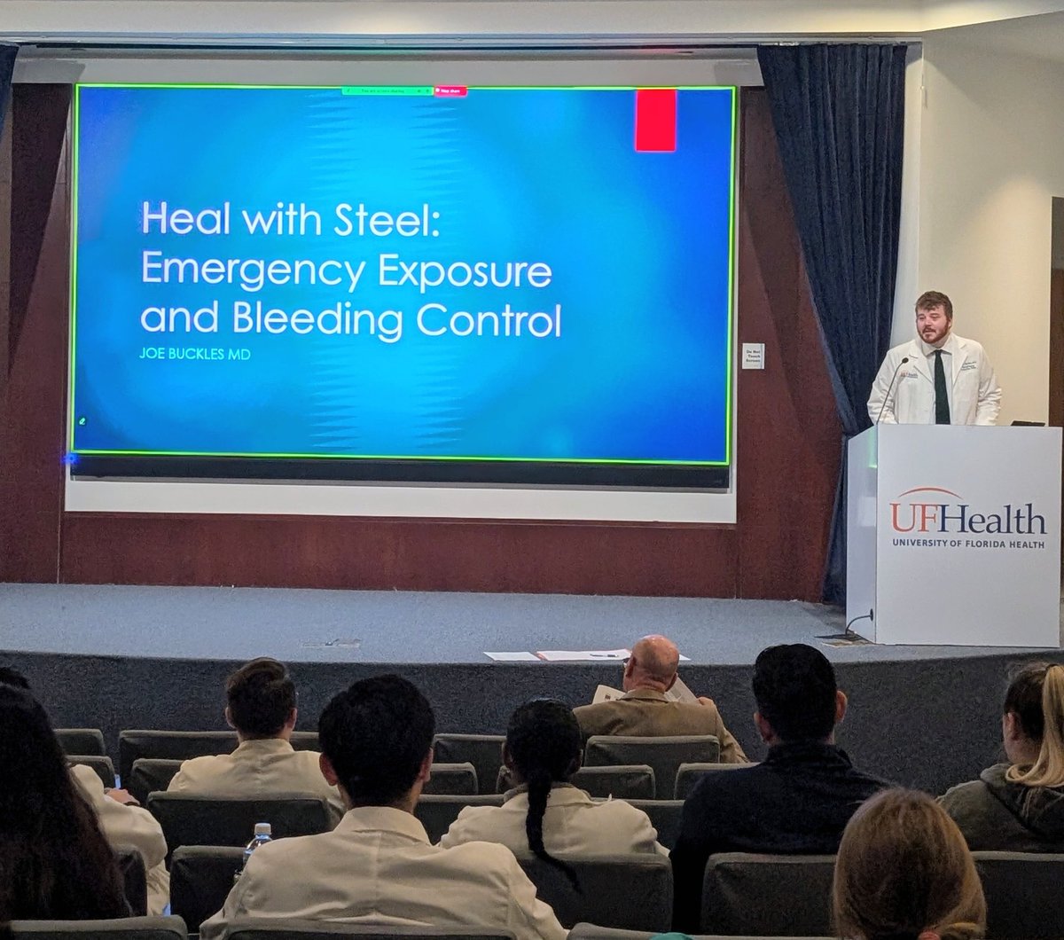 ErinMMobley's tweet image. 📢📢 Happening now at @UFMedicineJax 📢📢
@UFJaxSurg surgical critical care fellow, Dr. Joseph Buckles, is presenting  #GrandRounds 👇
Heal with Steel: Emergency Exposure &amp;amp; Bleeding Control.
🏥⚕️🥼🩺🗣️