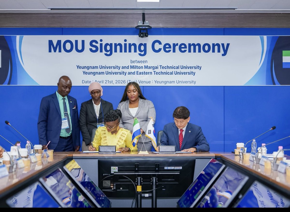 WurieHaja's tweet photo. Honoured to sign 2 MoUs with @YeungnamUniv, partnering with @MargaiUnivers and Eastern Technical University. Grounded in Saemaul Undong values & strengthening #TVET, this is about empowering communities, equipping youth & driving 🇸🇱’s transformation. #Saemaul #SierraLeone https://t.co/vuCpSa0YXt
