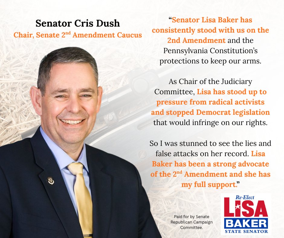 PA_SRCC's tweet image. The Chairman of our Senate 2nd Amendment caucus, @SenatorDush, backs @SenLisaBaker because he knows she's a strong advocate for gun rights in our Commonwealth. Vote for Senator Lisa Baker on May 19th. #2A #2ndAmendment