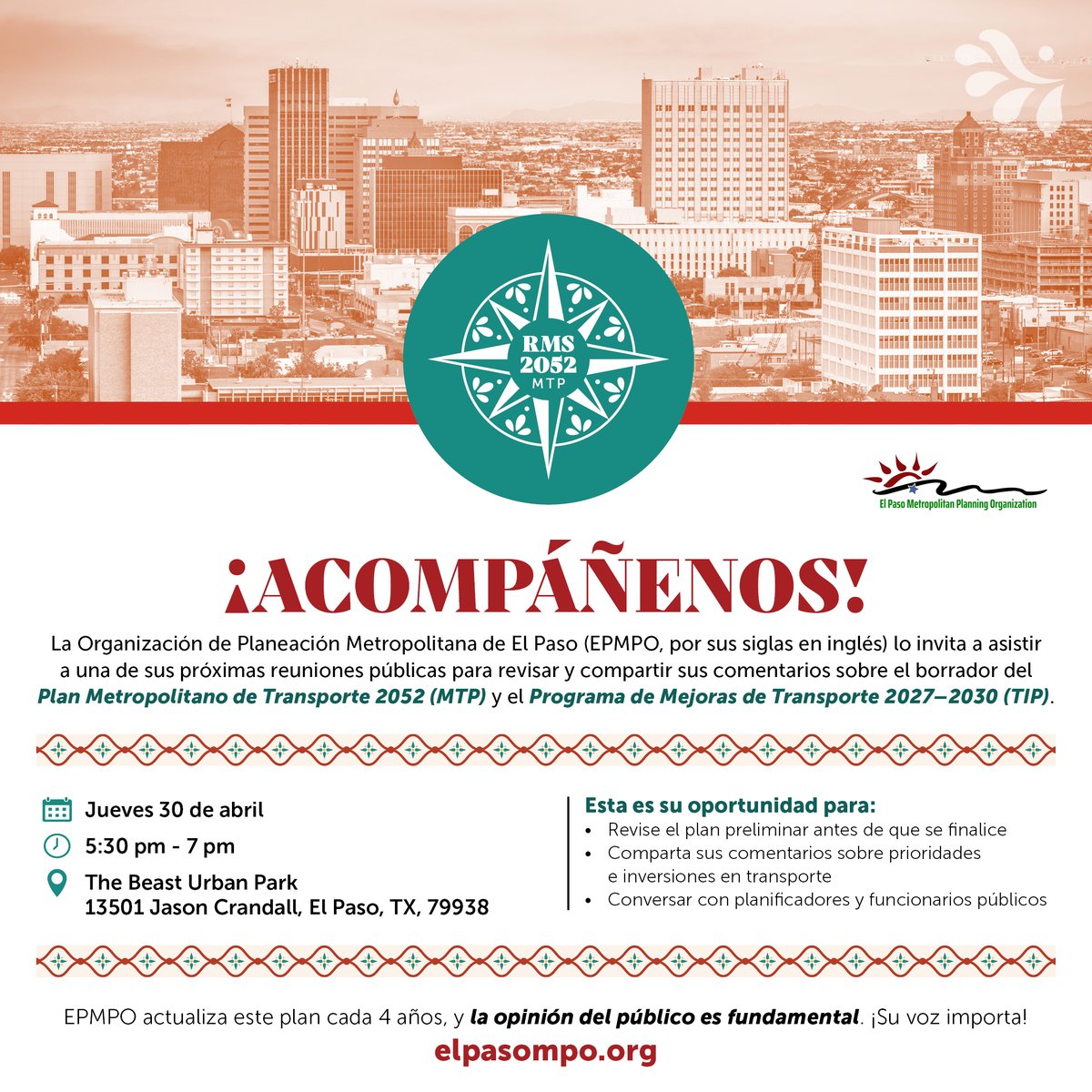 elpmpo's tweet photo. 🚧 ¡Ayude a dar forma al futuro del transporte en su comunidad! Acompañe a El Paso MPO el jueves 30 de abril para revisar el borrador del Plan Metropolitano de Transporte 2052 y compartir sus comentarios.

🕠 5:30–7:00 PM
📍 The Beast Urban Park, 13501 Jason Crandall Dr. https://t.co/tAqpT1TnQ4