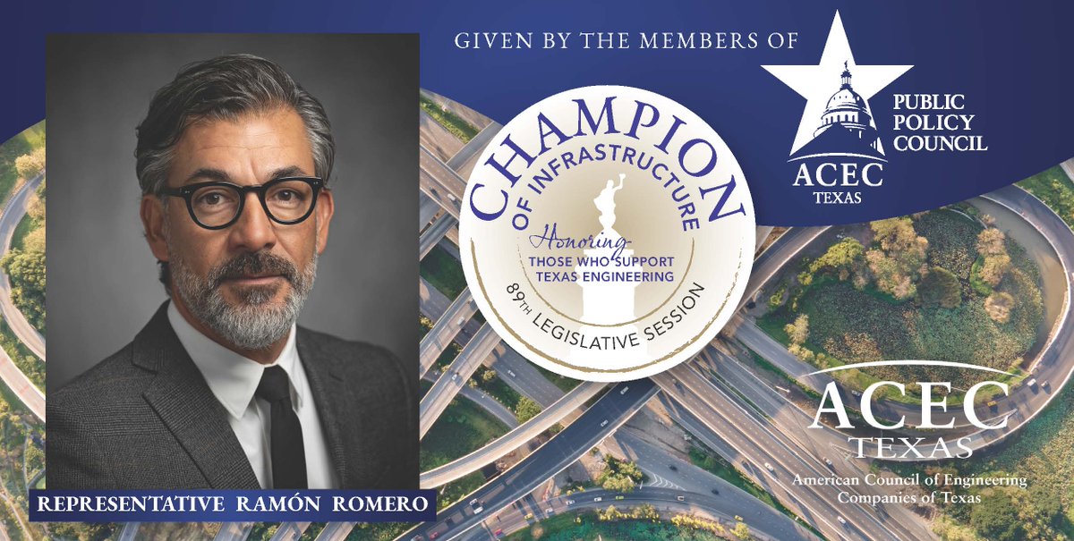 acectx's tweet photo. A proven fighter for his district in #FortWorth and common sense legislation for #Texas, we are thrilled to recognize @RepRamonRomero once again as an @acectx Champion of Infrastructure for the 2025 #txlege Session. Rep. Romero was a leader on several fronts last session, including #water #infrastructure development and as Chairman of @MALCTx. Congratulations, Rep. Romero! Read more: https://t.co/42Q8jKIxe7