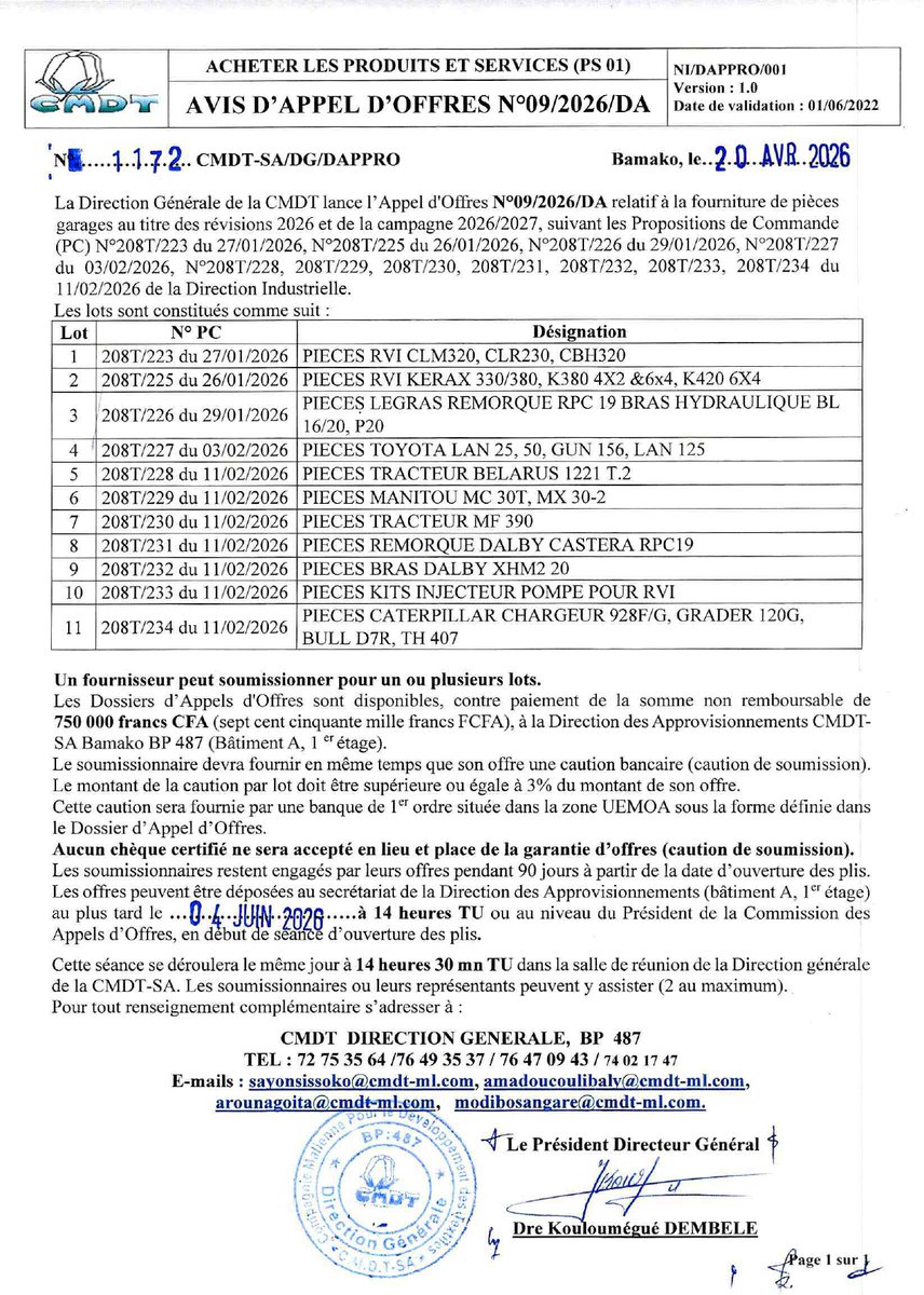 Malijetactu's tweet photo. #CMDT: AVIS D'APPEL D'OFFRES N°09-2026-DA- FOURNITURE DE PIECES GARAGES AU TITRE DES REVISIONS 2026 ET DE LA CAMPAGNE 2026-2027 https://t.co/hYUjOysKGz