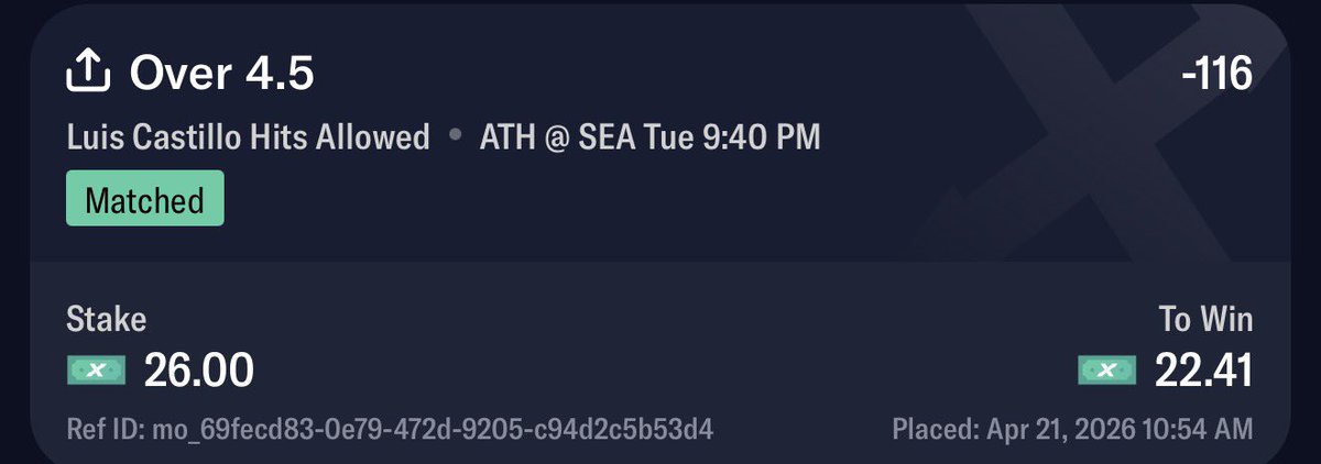 Jon_Fuentes_'s tweet image. Holy value! Run this on ProphetX right now 👇🏽

Luis Castillo O 4.5 HA (-116)

Other markets: 
DK: -146
Pinnacle: -156
Bet365: -155

EV: 4.3%
FV: -130
Units: 1.3u

#Gambling𝕏 #gambling