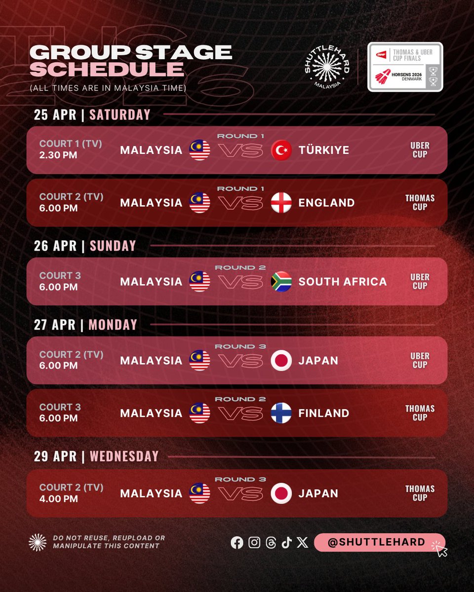 Jadual Perlawanan #TUC2026
Peringkat Kumpulan

(Masa yang tertera adalah dalam Waktu Malaysia)

Skuad Piala Thomas &amp; Uber #BadmintonMalaysia 🇲🇾 akan memulakan aksi Pusingan Pertama dalam Kumpulan B pada Sabtu, 25 April 💪

Court 1️⃣ &amp; 2️⃣:
• Astro Arena (801 &amp; 802), Badminton (815
