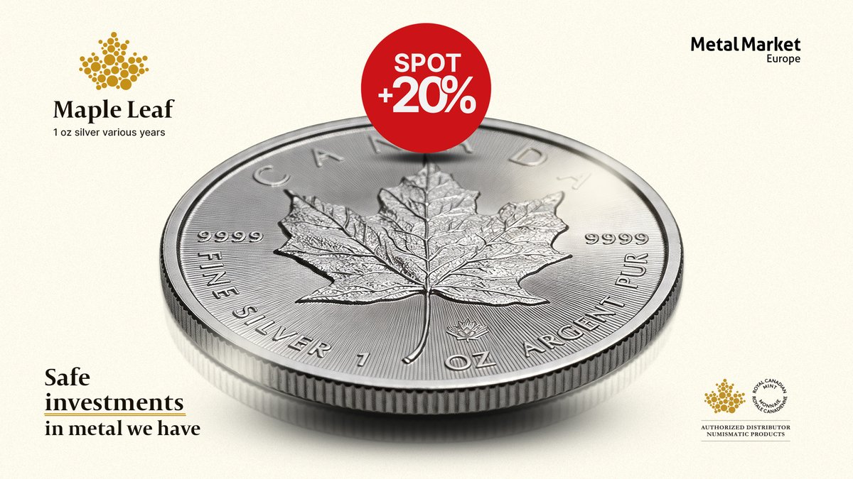 metalmarketeuro's tweet image. Discover a #smart way to #protect and #grow your wealth with #premium #silver from Metal Market Europe.

Get the iconic #Canadian #Maple #Leaf 1 oz silver #coin from @CanadianMint at just +20% over #spot — a great #opportunity for every #investor.

tiny.pl/wntj4sh9