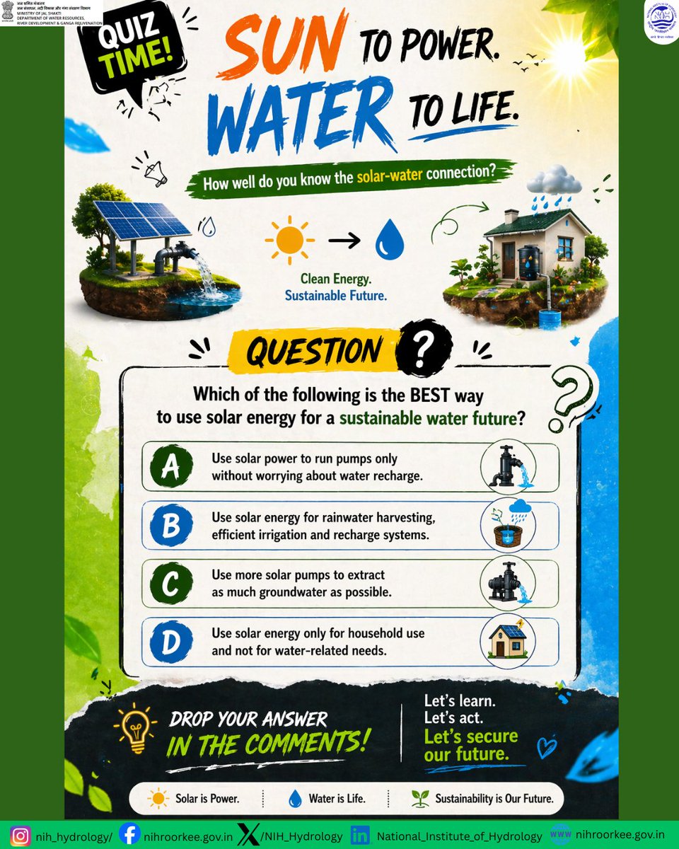 NIH_Hydrology's tweet image. Think you know the solar–water game? ☀️💧
It’s not just about pumping more… it’s about using smart.

Only one option actually secures our future—can you spot it? 👀

Drop your answer and let’s see who’s really water-wise 🌍

#SolarForWater #WaterQuiz #SustainableLiving
