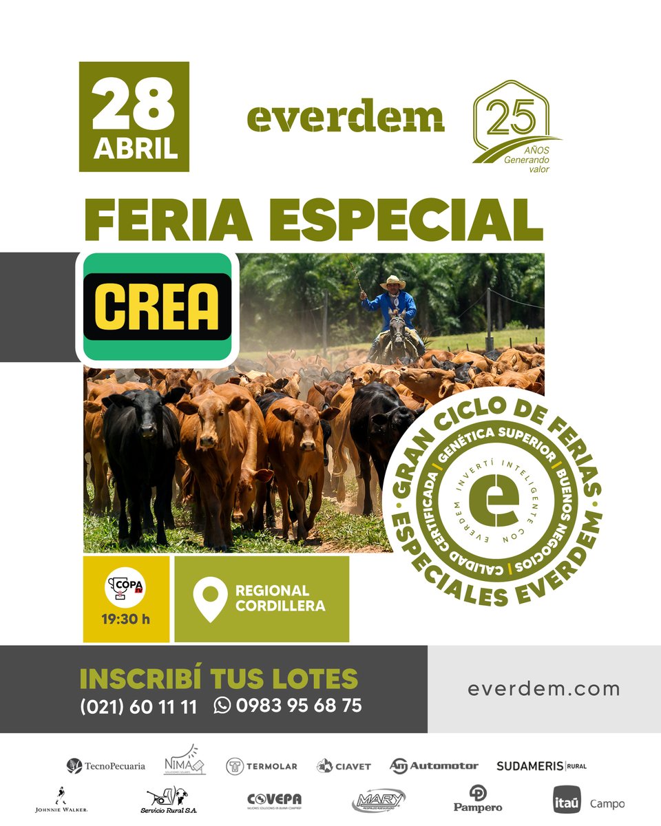 Invitamos a todos nuestros miembros a participar de la FERIA ESPECIAL CREA este 28 de abril en la Regional Cordillera 🐂🐄

🔹 Vendedores CREA: reintegro del 50% de la comisión
🔹 Compradores CREA: 25% de ahorro directo en la comisión

📞0983 95 68 75