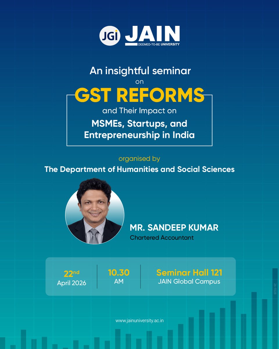 JainDeemedtbUnv's tweet image. Understanding GST reforms can change how you view entrepreneurship and business growth.
Join us for an insightful seminar on GST reforms and their impact on MSMEs and startups.

#JAINUniversity #FET #GSTReforms #Seminar #Entrepreneurship #StartupsIndia #MSMEIndia #NAIN20 #JU