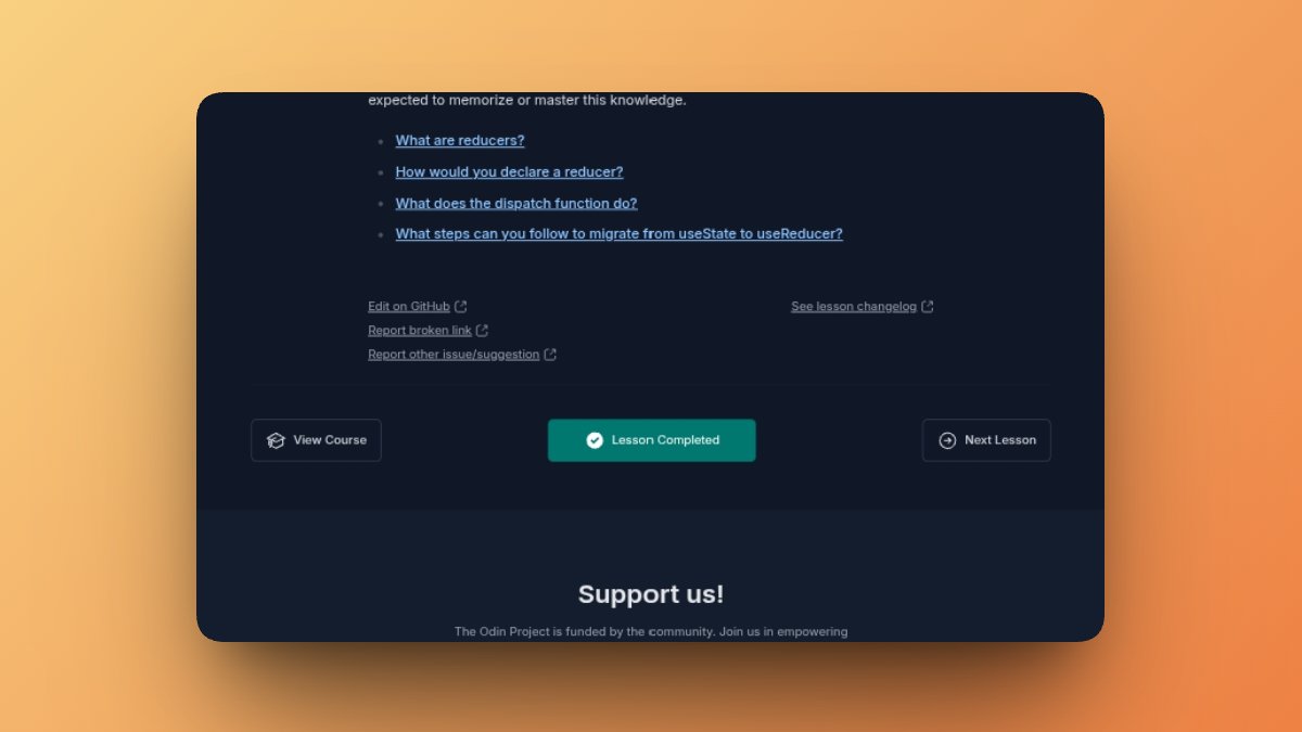 justice_codes's tweet photo. Just finished another lesson at @TheOdinProject

Learnt about reducing states in React. Was confusing at first (not new to the feeling) but it made more sense when I tied the behavior to useState.

useReducer is just like using useState, but more organized and neat. https://t.co/seUJbEOBKf