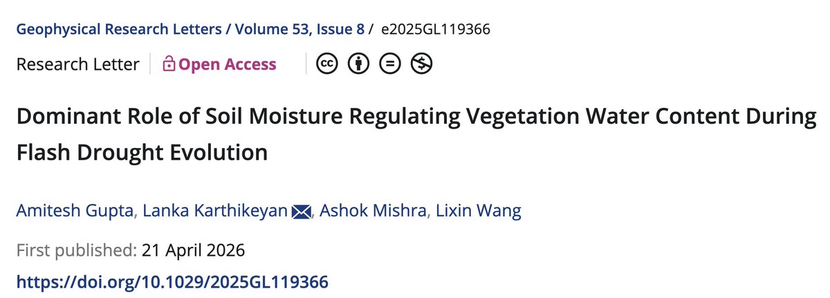 ecohydro_wang's tweet photo. A new publication today in GRL regarding vegetation water content and flash drought development. Led by Amitesh Gupta, with Lanka Karthikeyan and @Ashok_Mishra_20 

https://t.co/sikJtcTr3L https://t.co/Wm9rFNcboJ