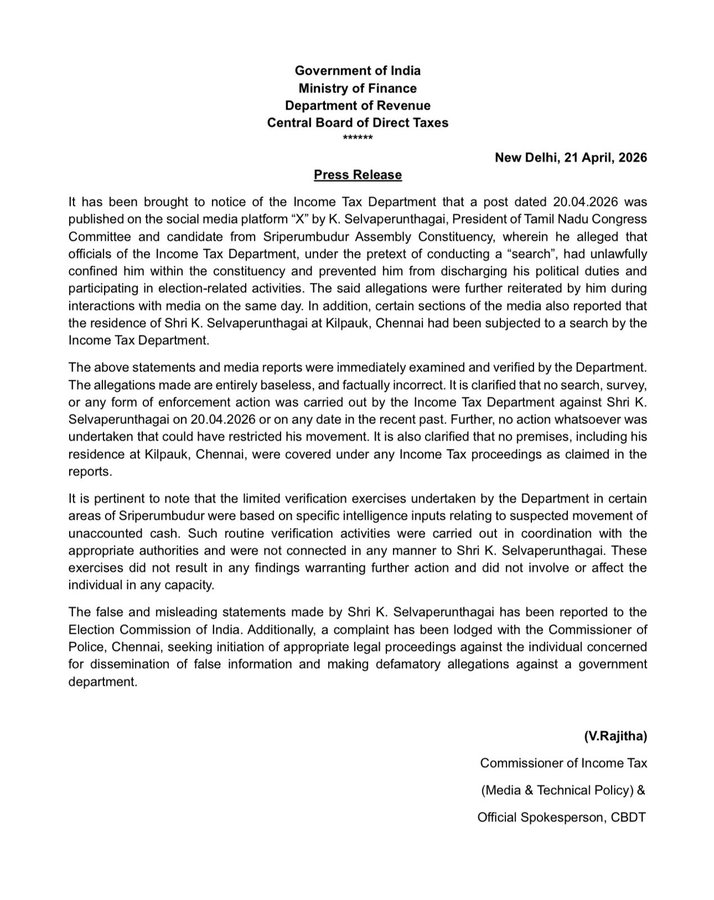 mannar_mannan's tweet image. TN #Congress president K Selvaperunthagai’s false &amp;amp; misleading statement reported to #ECI. Complaint lodged with Chennai police commissioner seeking appropriate legal proceedings for dissemination of false information: #CBDT

x.com/SPK_TNCC/statu…

@xpresstn @NewIndianXpress