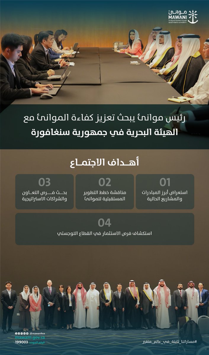 MawaniKSA's tweet photo. اجتمع سعادة رئيس #موانئ م. @SulimanMazroua مع الرئيس التنفيذي للهيئة البحرية والموانئ في جمهورية سنغافورة، السيد أنغ وي كيونغ، لاستعراض المشاريع الحالية وخطط التطوير، وبحث فرص التعاون والاستثمار، وذلك ضمن أسبوع سنغافورة البحري 2026.

#مساراتنا_ثابتة_في_عالم_متغير https://t.co/40Loh64npI