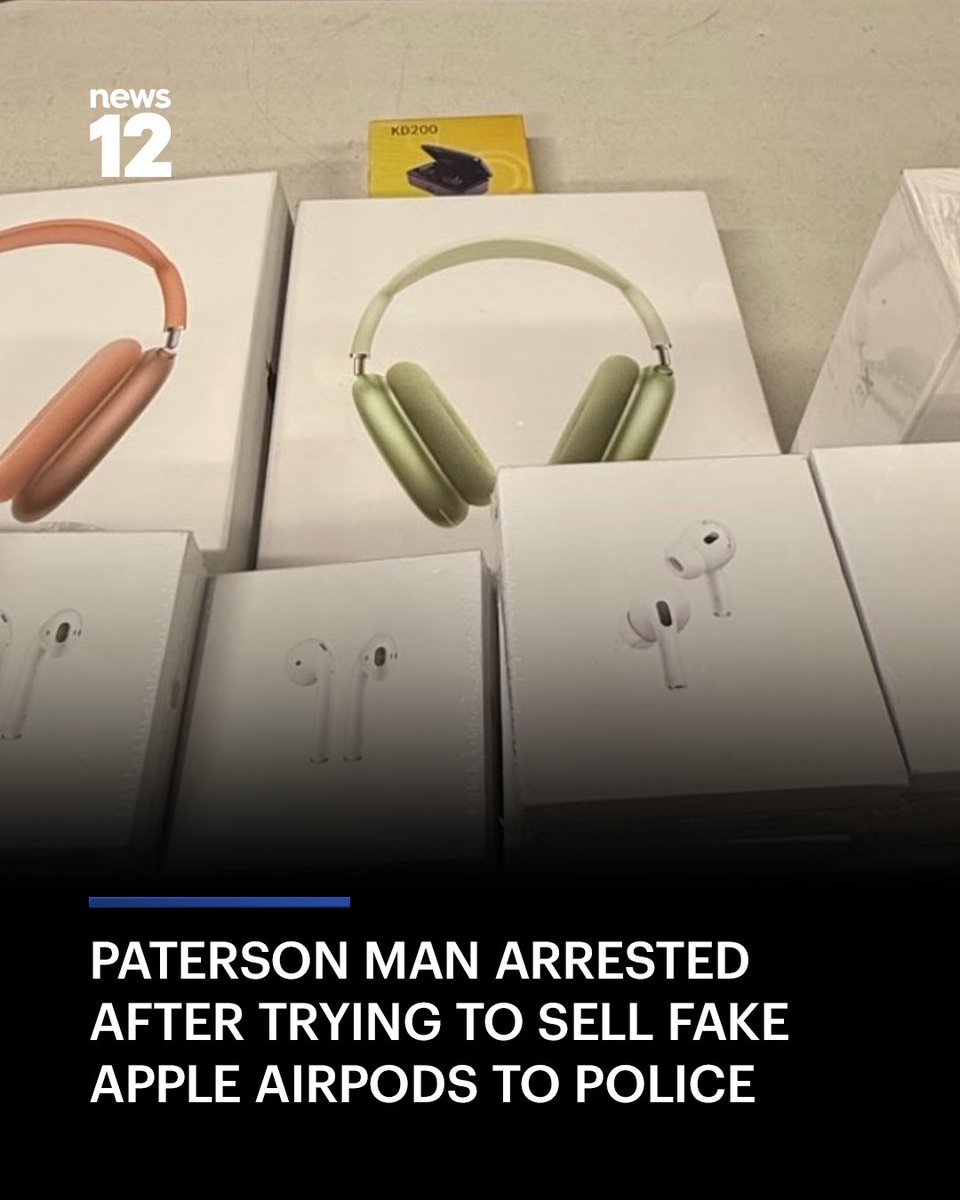 News12NJ's tweet image. FAKE AIRPODS: A Paterson man was arrested after he allegedly tried to sell counterfeit electronics to officers.

READ MORE: bit.ly/42k7ELb

#News12NJ #Paterson #Crime