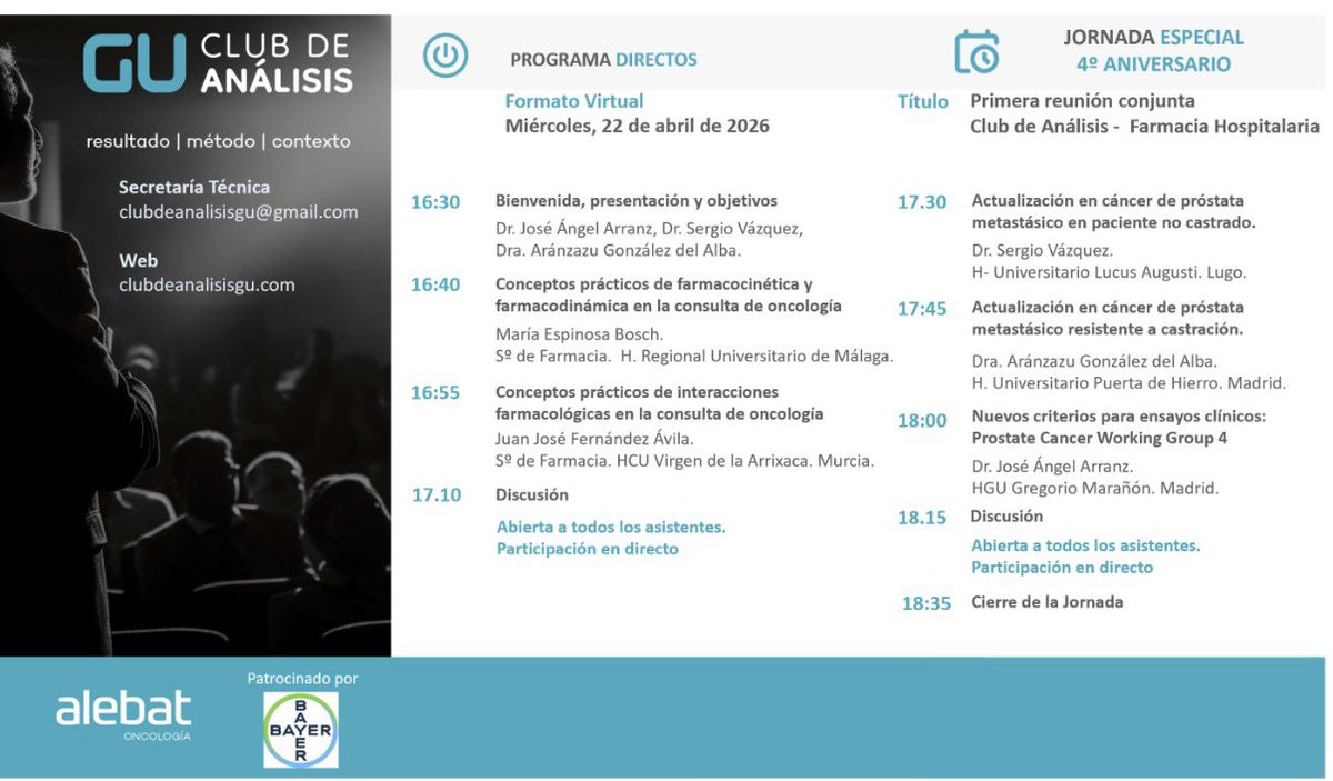 GuAnalisis's tweet photo. El 22_04_2026, o sea YA, nuevo episodio del @GuAnalisis. Especial IV aniversario. Primera reunión conjunta Club de Análisis-Farmacia Hospitalaria. Entra aquí para inscribirte: https://t.co/nYkTkU3CuK o clubdeanalisisgu@gmail.com @jarranza  @aranglezalba @sogug1 @sefh_ @s @_SEOM https://t.co/XiSBizaXuL