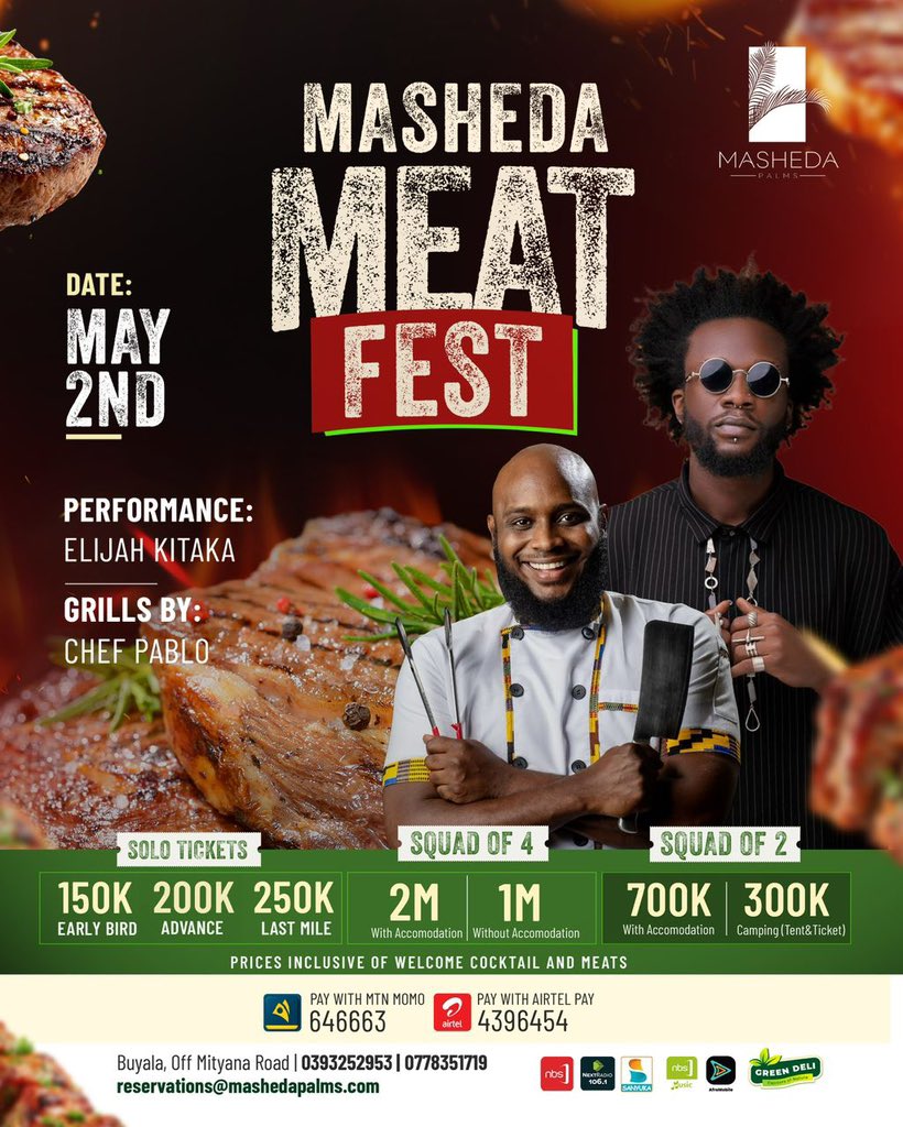882SanyuFM's tweet photo. #AD: Get your grills ready for the #MashedaMeatFest this May 2nd at @MashedaPalms Palms, Buyala!
Enjoy premium meats by Chef Pablo, a live performance from @Elijah_Kitaka1 , and a welcome cocktail—all included in your ticket.
Whether you’re coming solo or bringing a squad, secure your spot now to avoid the last-minute rush.
Reserve your table or accommodation today by calling 0393252953 or 0778351719.
Don’t miss out on the ultimate meaty getaway! 🥩🔥
#MashedaMeatFest #MashedaPalms