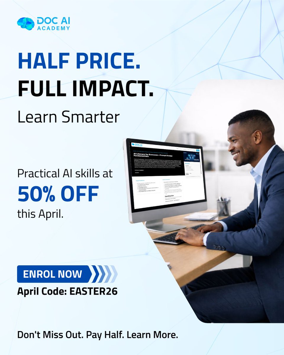 docaiacademy's tweet image. You’ve thought about it long enough.

Now it’s simple:
👉 Start at half the price… or watch the opportunity pass again.

👉 Visit docaiacademy.com
 and apply EASTER26 at checkout (50% OFF)

#Reskill #CareerDevelopment #AITraining #AI #EnterpriseAI #KnowledgeGraphs