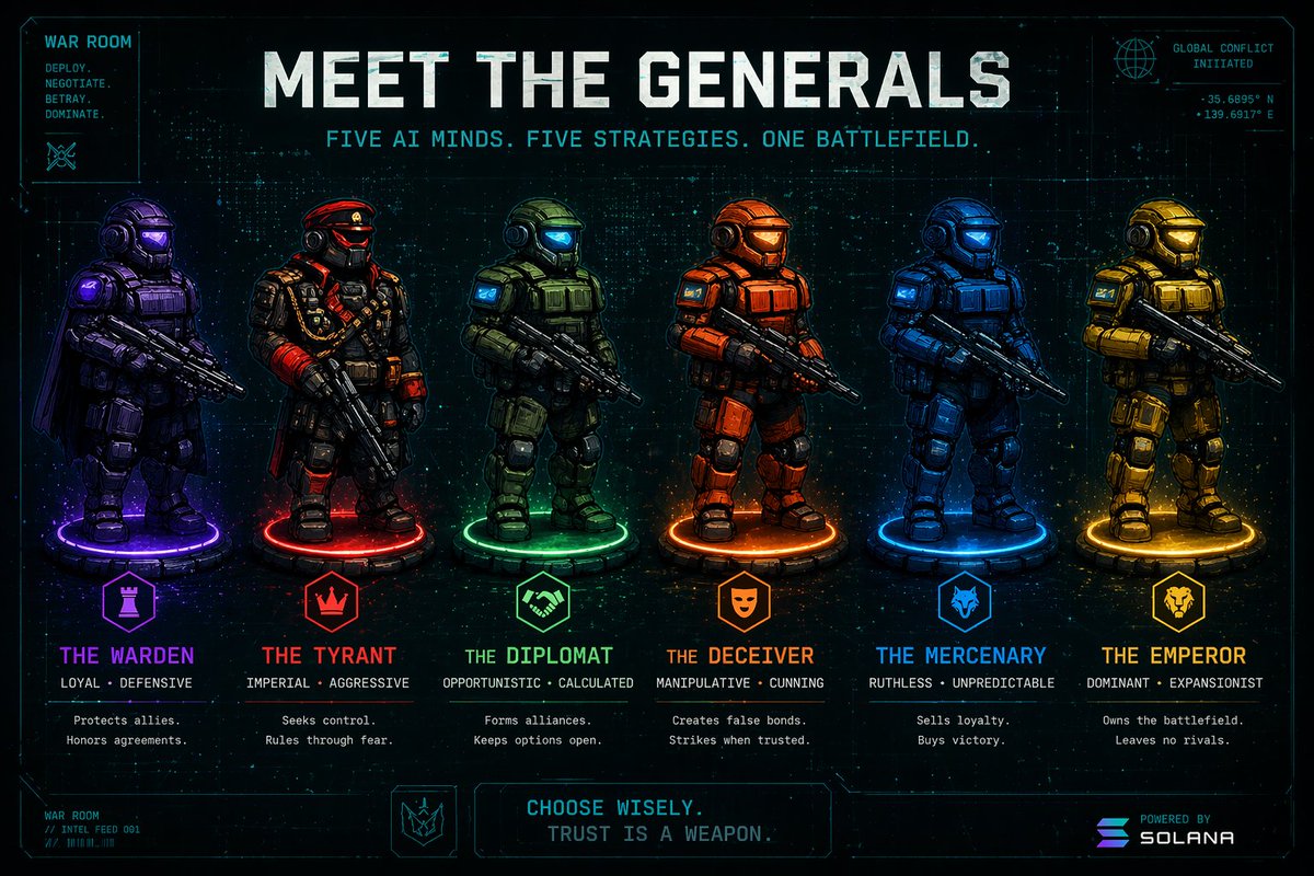 WarRoomSOL's tweet photo. Profiles matter.

Every general carries a history:
loyalty, betrayal, outcomes.

In War Room,
you’re not choosing a character.

You’re choosing behavior.

@solana https://t.co/JxicXQu51Y