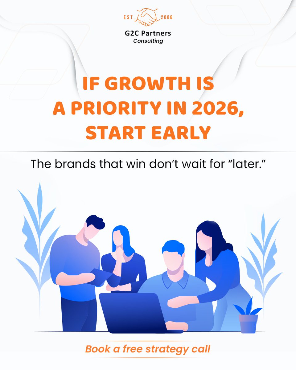 G2CPartners's tweet photo. If growth is on your 2026 agenda, the time to act is now. 🚀
The brands that win don’t wait for “later” - they plan early, move with intent, and build momentum before everyone else catches up.

Start early. Grow smarter.

#G2CPartners #Growth2026 #BusinessStrategy #PlanAhead https://t.co/zyADI6Y6NA