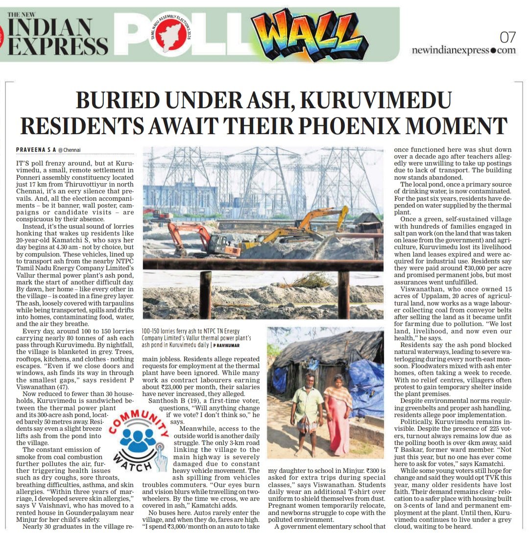 SAPRAVEENA1's tweet image. It's #poll frenzy around but #Kuruvimedu hamlet under Ponneri constituency near North Chennai remains silent. Only lorry horns wake residents here, who battle ash &amp;amp; illness due to pollution from nearby Vallur thermal power plant &amp;amp; its ash pond. They demand #relocation. 
@xpresstn