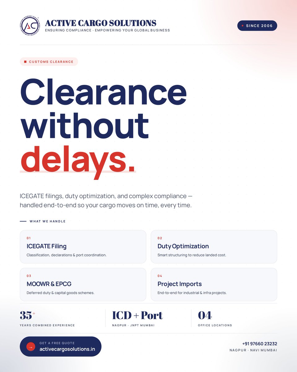 activecargo2006's tweet photo. Customs clearance without delays.

ICEGATE. MOOWR. EPCG. Project imports — handled end-to-end.

Licensed Customs Broker since 2006 · ICD Nagpur + JNPT Mumbai

📞 +91 97660 23232
🌐 https://t.co/YVzLavyRSn

#CustomsBroker #LogisticsIndia #JNPT https://t.co/z6D6pPB1Dp