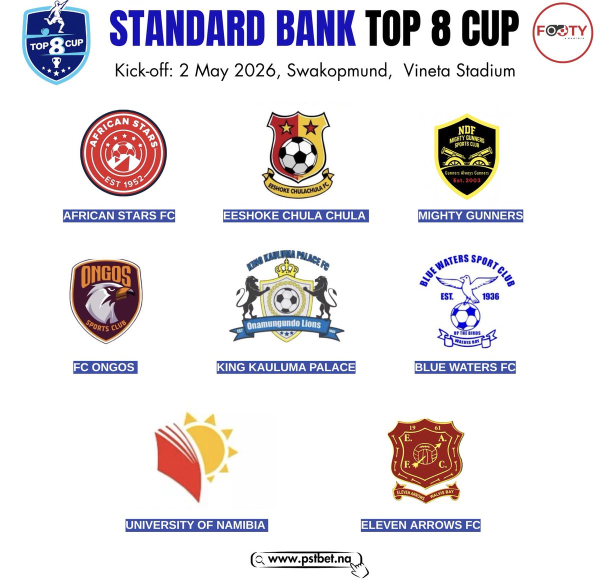 FootyNamibia's tweet photo. 🏆Which team will you be supporting?🤩

• African Stars
• Chula Chula FC
• Mighty Gunners
• FC Ongos
• KK Palace
• UNAM
• Blue Waters
• Eleven Arrows

Quarterfinal Draw: Tomorrow, 11:00-12:00

#StandardBankTop8Cup #footynamibia https://t.co/IhC2KMb0G9