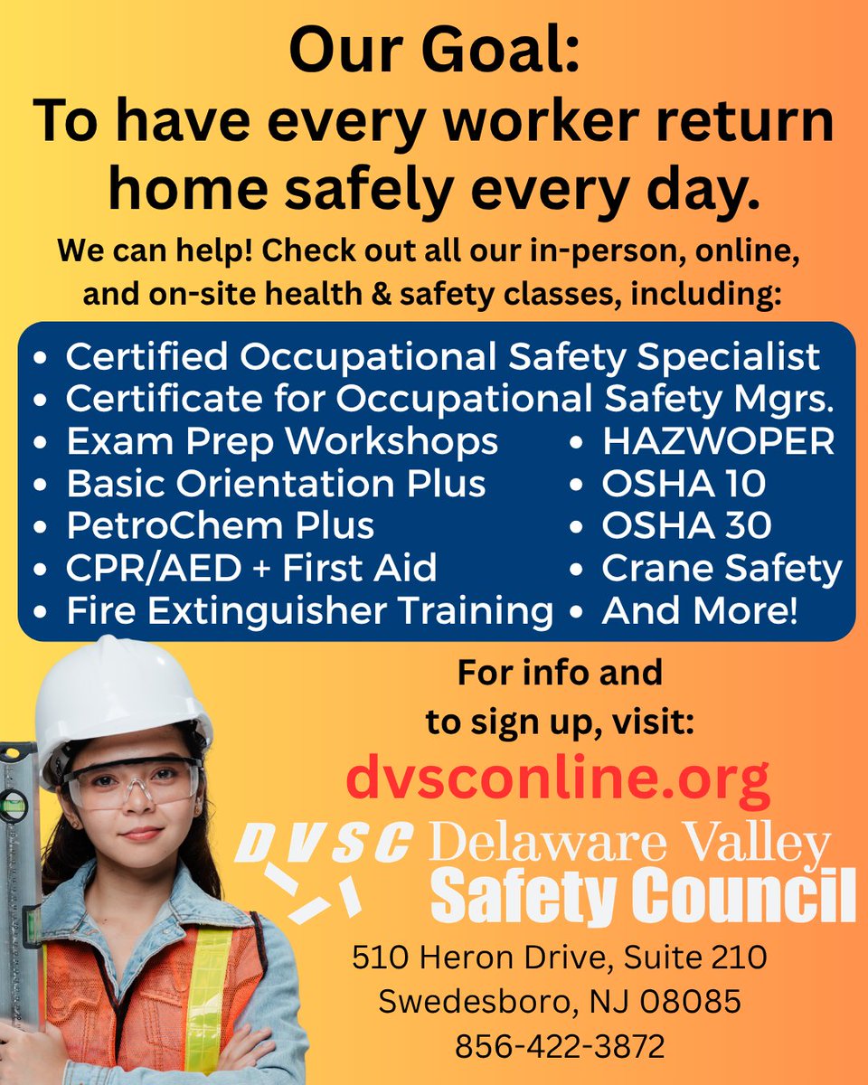 DvscAdmn's tweet image. Our Goal: To have every worker return home safely every day.

Check out all our in-person, online, and on-site health &amp;amp; safety classes:
dvsconline.org

#COSS #COSM
#CPR #BOP
#HAZWOPER
#OSHA10 #OSHA30
#PetroChemPlus
#FireExtinguisherTraining
#ExamPrepWorkshops