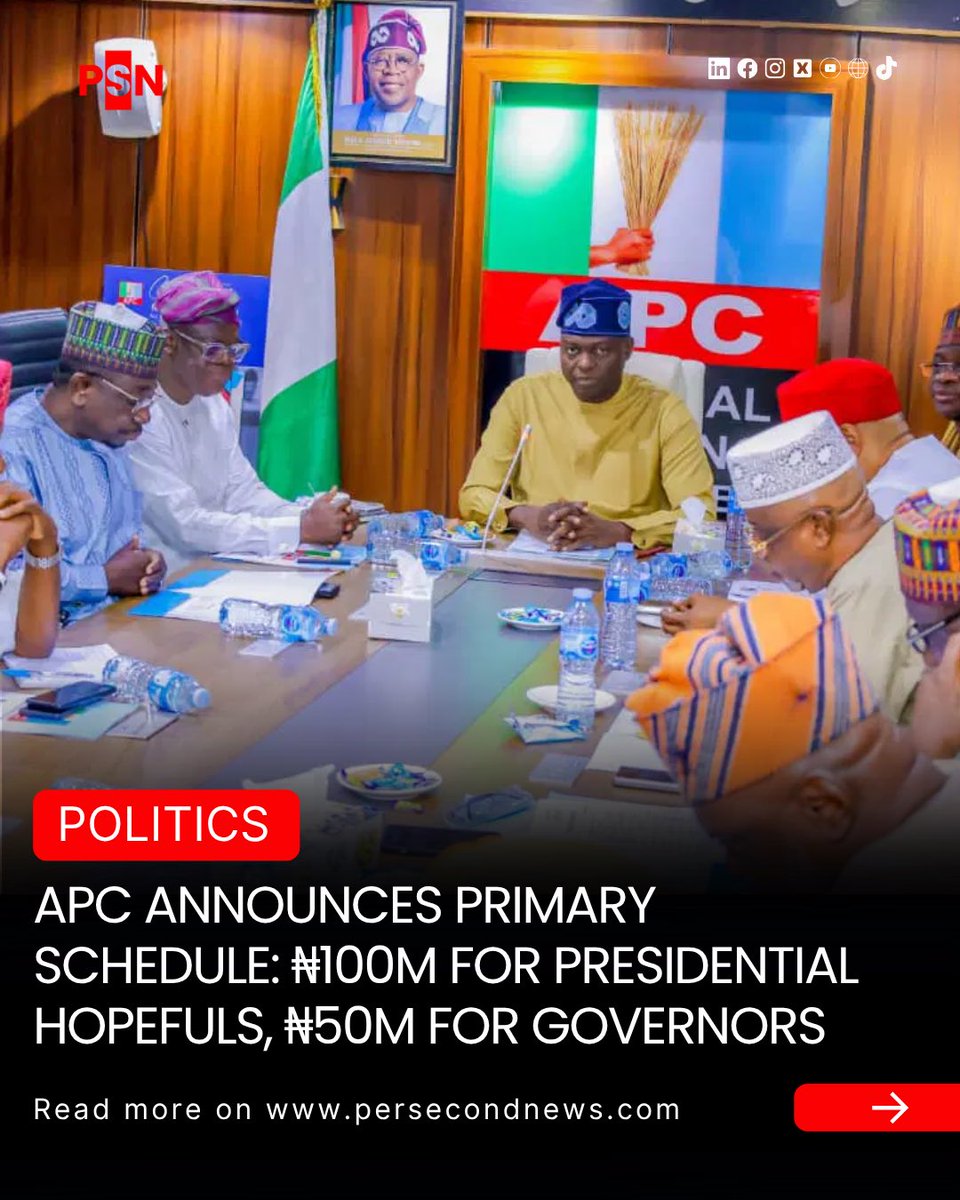 persecondnewsng's tweet image. The All Progressives Congress (APC) has officially released its 2027 general election timetable, scheduling the presidential primary for May 15–16, 2026.

Read full story on persecondnews.com 

#nigerianpolitics #naijapolitics #nigeriannews