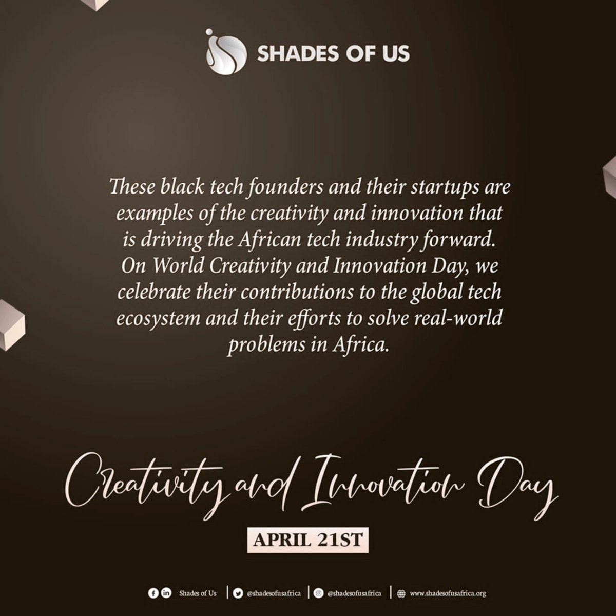 shadesofusafric's tweet image. On World Creativity and Innovation Day, let us break the mold and unleash our creativity to solve our problems, inspire change, and create a brighter future for all.

Let us innovate together!

#WCID
#Creativity
#Innovation
#ShadesofUs