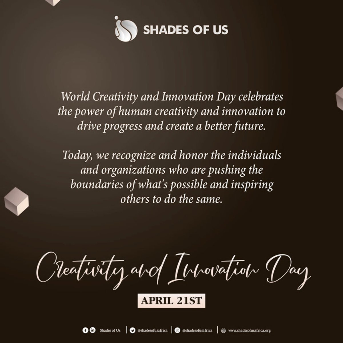 shadesofusafric's tweet image. On World Creativity and Innovation Day, let us break the mold and unleash our creativity to solve our problems, inspire change, and create a brighter future for all.

Let us innovate together!

#WCID
#Creativity
#Innovation
#ShadesofUs