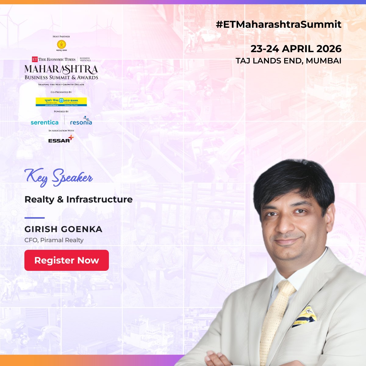 Realty_Et's tweet image. We are pleased to welcome Girish Goenka, CFO, Piramal Realty to the Maharashtra Business Summit &amp;amp; Awards 2026. 

23–24 April 2026 | Taj Lands End, Mumbai

Register now: b2b.economictimes.indiatimes.com/maharashtra-bu…

#ETMaharashtraSummit #MaharashtraBusinessSummit #RealEstateLeadership