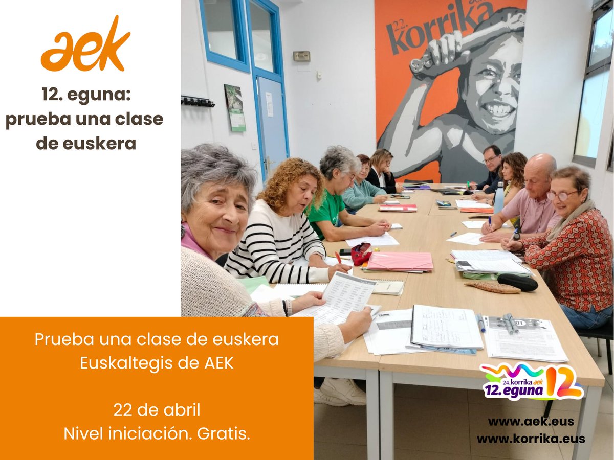 AEK_eus's tweet photo. Dentro de la iniciativa 12.eguna puedes probar una clase de euskera en nuestros euskaltegis.
📅 Mañana, 22 de abril. Nivel inicial
🙌 Anímate a conocernos y participa sin ningún compromiso
ℹ️ 
🔗https://t.co/uDPljKmE8D
🔗 https://t.co/FmrC9WZTHo
📞 673 200 100
🏫 Euskaltegis AEK https://t.co/hAzdaooOTG