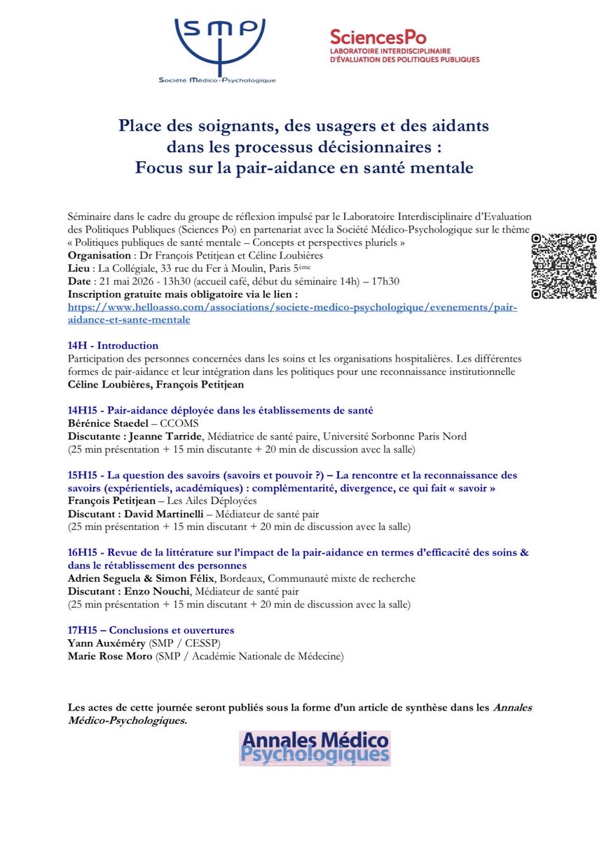 SMP_MedicoPsych's tweet image. Prochaine séance de la #SMP : séminaire sur la #pair-aidance en #santémentale
Partenariat avec le @LIEPP_ScPo 
Date : 21 Mai 2026
14h-17h30
Entrée libre sur inscription