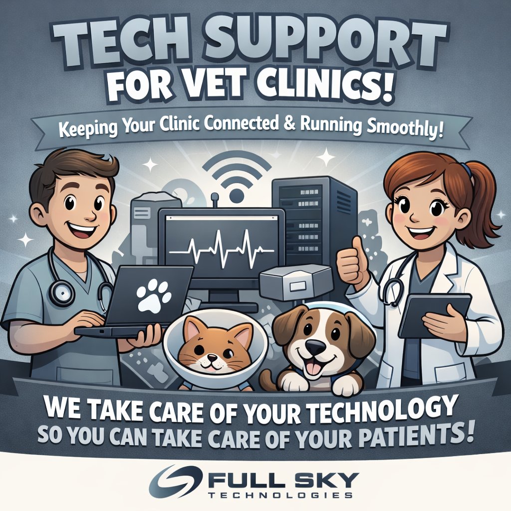 FullSkyTech's tweet image. Veterinary care is demanding, your technology shouldn’t be.

Full Sky Technologies specializes in reliable, responsive IT support built specifically for veterinary clinics.

#VetClinic #VeterinaryPractice #PracticeManagement #HealthTech #ITSupport #ManagedIT #TechForVets