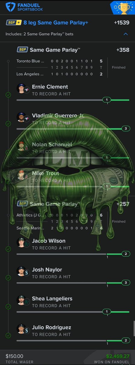 Ladi_Mayhem's tweet image. 8 legs. All green. 🧹🫡
$150 ➡️ $2,459
Who tailed? 👀🔥

Stayed solid when the cash out was flashing… Ernie came through and sent it home.

Discipline &amp;gt; emotion. Trust the card. Trust the work.
#MLB #FanDuel #Parlay #Gambling𝕏  #freebets #CashIt #GamblingTwitter