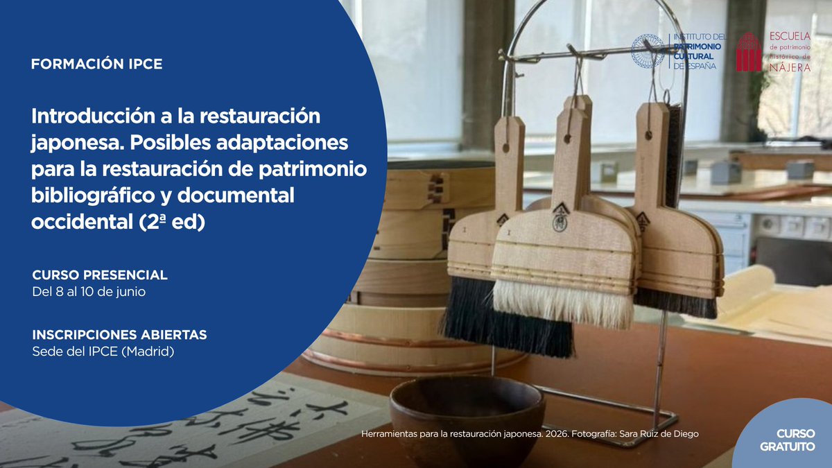 📣 ¡Inscripciones abiertas para dos nuevos cursos!

1️⃣ ‘Introducción a la restauración japonesa’ 🎌

🎓 Dirigido a titulados en conservación-restauración (documento gráfico)
🗓️ 8 al 10 junio
📍IPCE

🔗Más info: ipce.cultura.gob.es/eventos-y-acti…