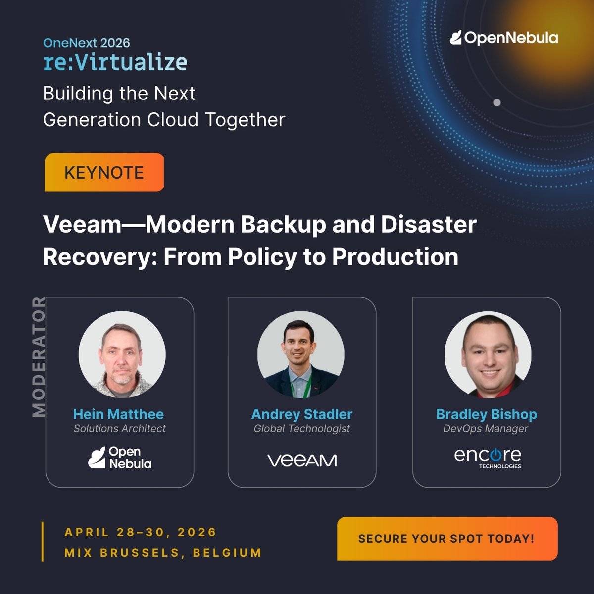 opennebula's tweet image. Join #OneNext2026 for a real-world discussion on how service providers (@Encoretech) are implementing modern #backup and #DR strategies with @Veeam in cloud environments powered by OpenNebula.

Check out the full agenda and secure your ticket today: onenext.io