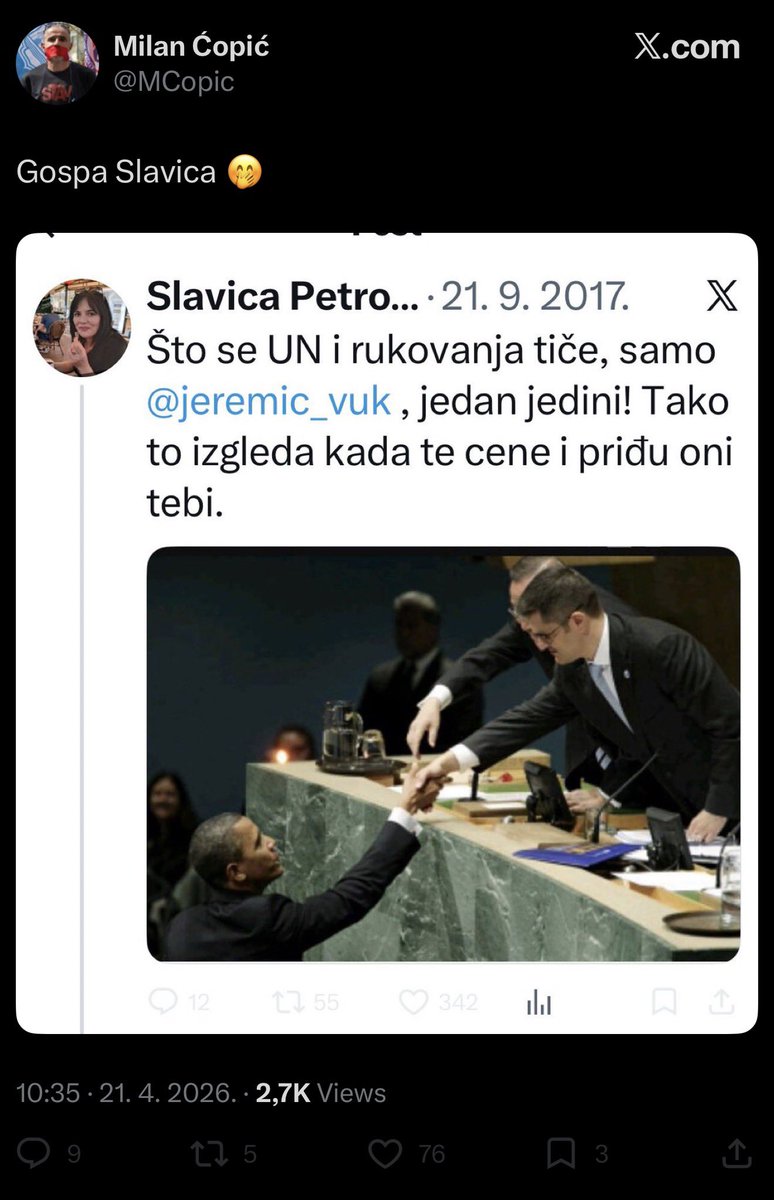 Много јака прича што се ови ликови искуљчиво обрачунавају са подржаваоцима студената који су заправо нешто и урадили за ових 15-ак месеци, а још јаче ми је што има слику Славичине објаве од пре 9 година… А најјаче да нису службини 😊