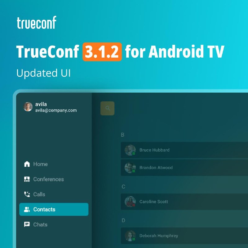 trueconf's tweet photo. 📺TrueConf 3.1.2 for Android TV
We've redesigned the side menu and the incoming call screen, making the UI more seamless and navigating the app even easier.
➡Detailed overview: https://t.co/ejPMcC7LlY https://t.co/UPagD3J1qS