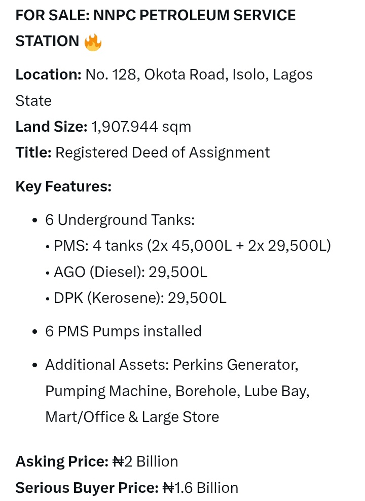 HollarHk33177's tweet image. For sale
NNPC PETROLEUM SERVICE STATION
LOCATION OKOTA ROAD ISOLO LAGOS NIGERIA

Neolife #LagosRealEstate #PropertyInvestment