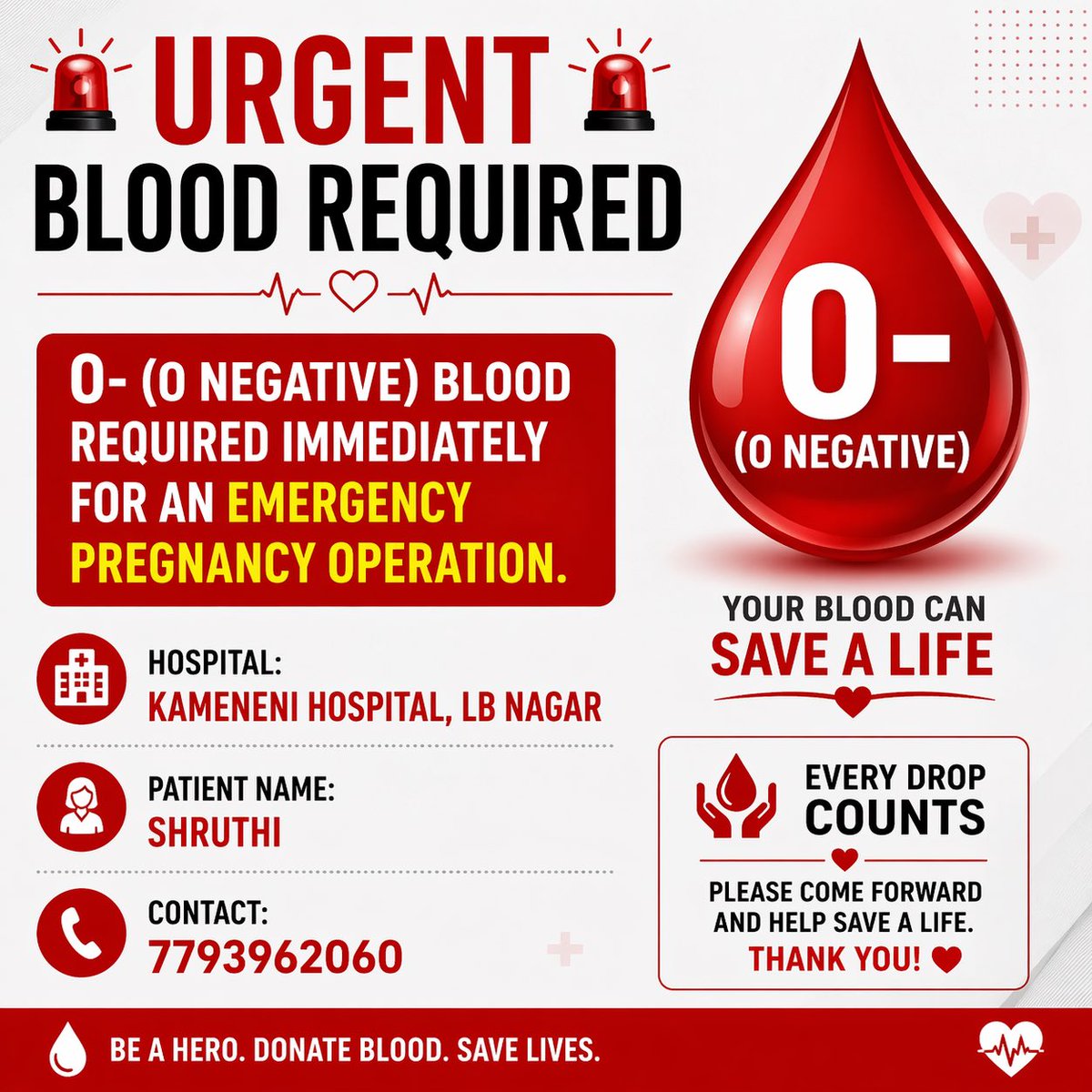 vkyintuc's tweet image. 🚨 URGENT: BLOOD NEEDED 🚨

O- (O Negative) blood required immediately for an emergency pregnancy surgery.

🏥 Kameneni Hospital, LB Nagar
👩 Patient: Shruthi
📞 7793962060

#BloodDonation #UrgentHelp #SaveALife @Blood4Help @BloodDonorsIn @BloodDonation