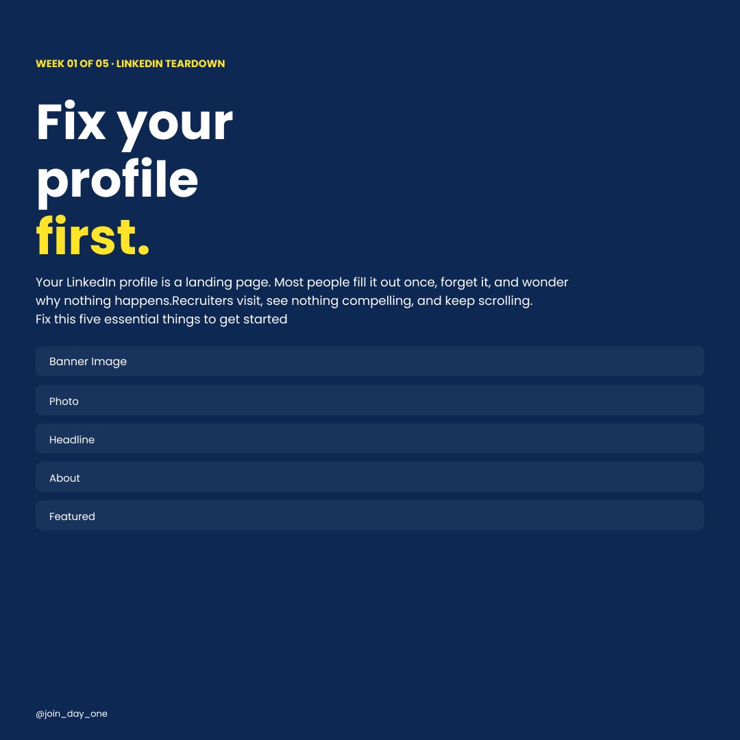join_day_one's tweet image. Your LinkedIn profile is a landing page. Most people fill it out once, forget it, and wonder why nothing happens.Recruiters visit, see nothing compelling, and keep scrolling.

Fix this five essential things to get started

Save this, you'll want to come back to it. #Dayone