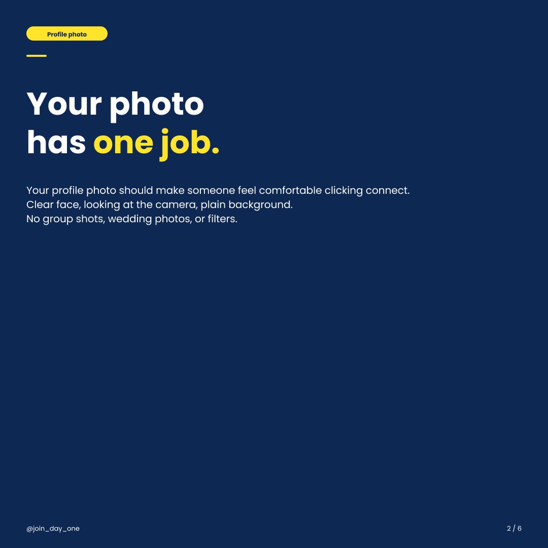 join_day_one's tweet image. Your LinkedIn profile is a landing page. Most people fill it out once, forget it, and wonder why nothing happens.Recruiters visit, see nothing compelling, and keep scrolling.

Fix this five essential things to get started

Save this, you'll want to come back to it. #Dayone